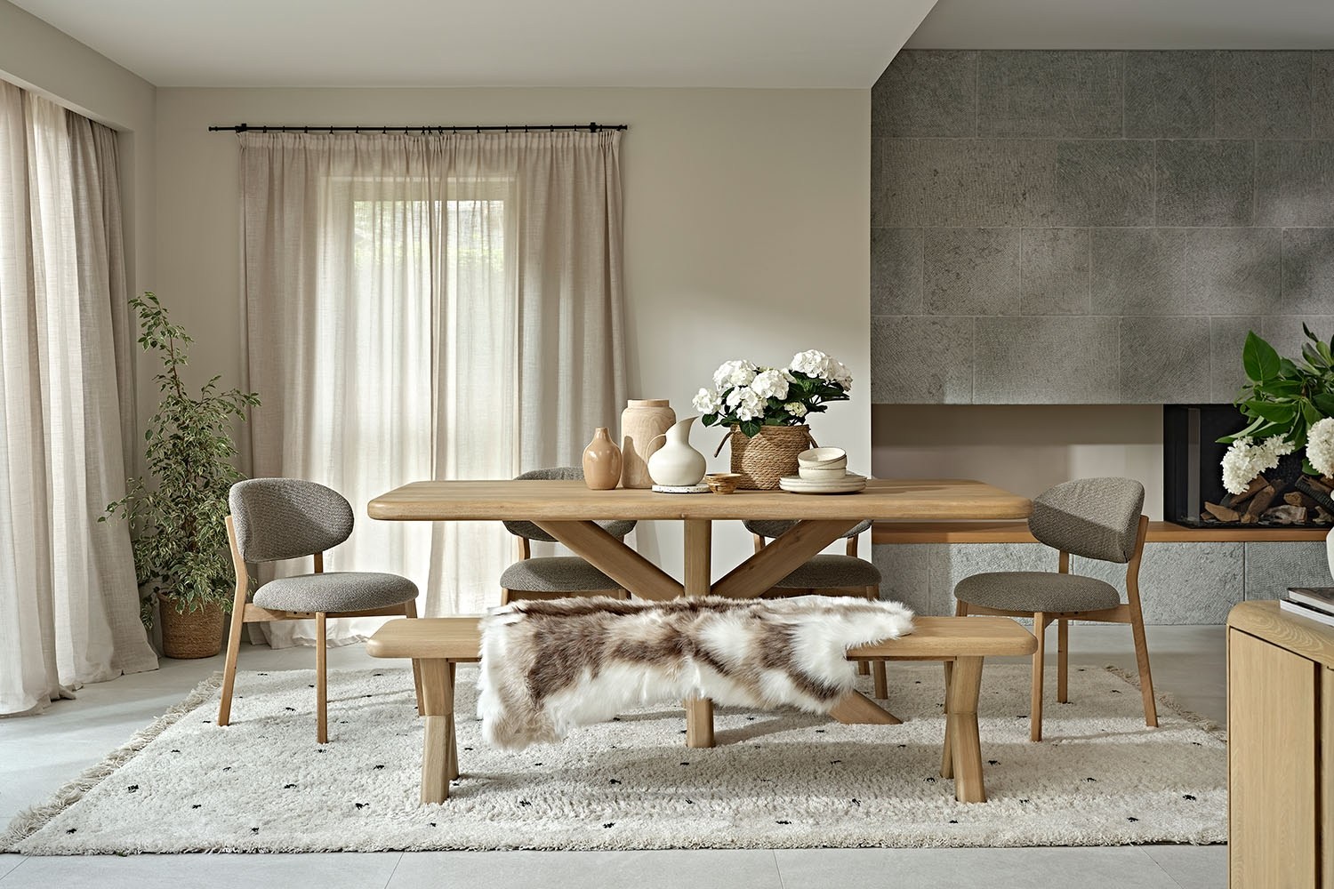 Flynn Natural Oak 200cm Star Base Dining Table Set Inc 180cm Bench 